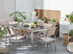 Discount Beliani Set da pranzo da giardino 6 posti GROSSETO Vetro temperato Nero/Beige Beige Argento Nero