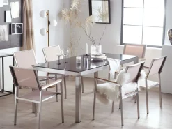 Discount Beliani Set da pranzo da giardino 6 posti GROSSETO Vetro temperato Nero/Beige Beige Argento Nero
