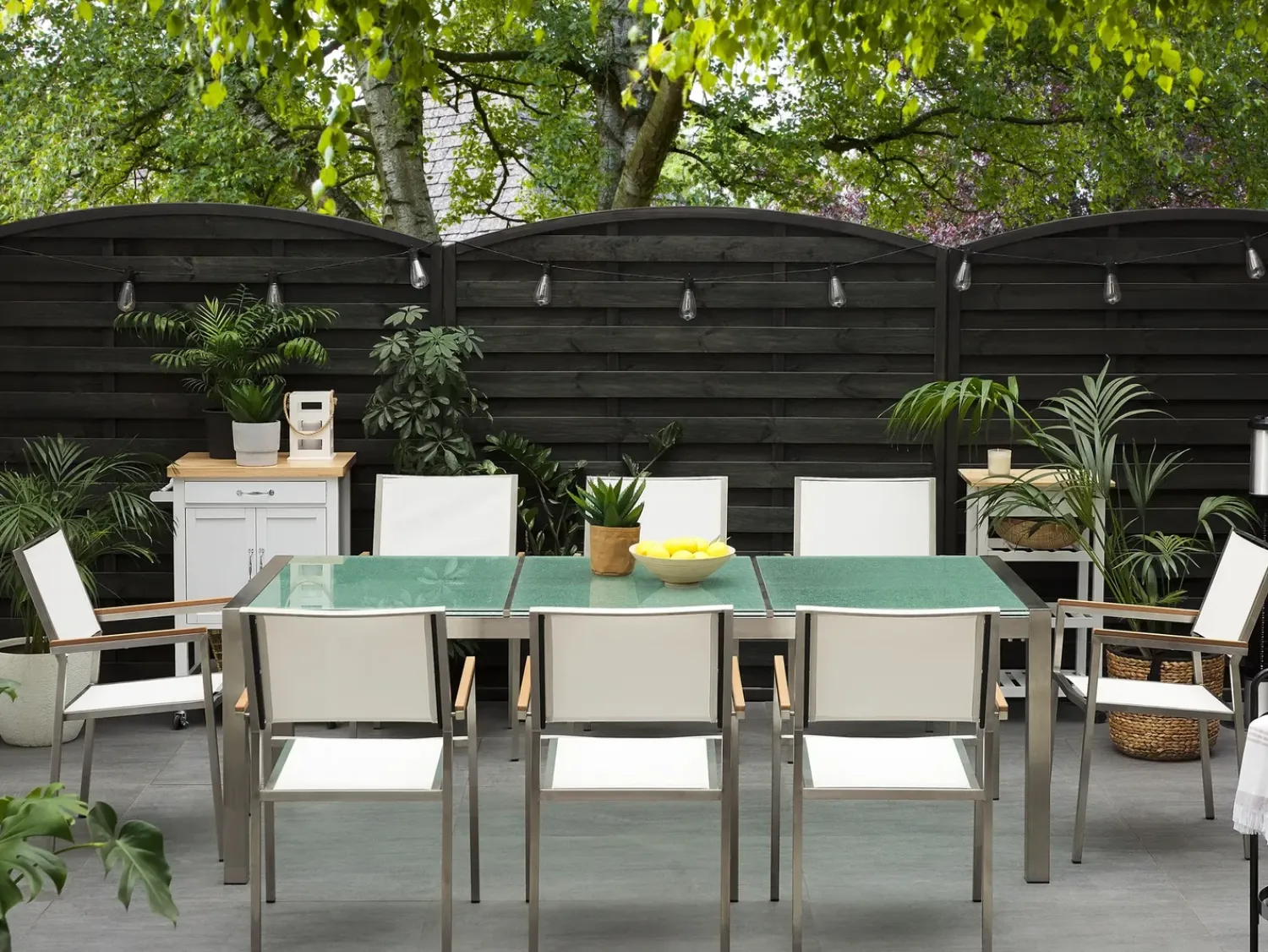Discount Beliani Set da pranzo da giardino 8 posti GROSSETO Vetro incrinato Trasparente/Bianco Trasparente Argento Bianco