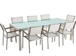 Discount Beliani Set da pranzo da giardino 8 posti GROSSETO Vetro incrinato Trasparente/Bianco Trasparente Argento Bianco