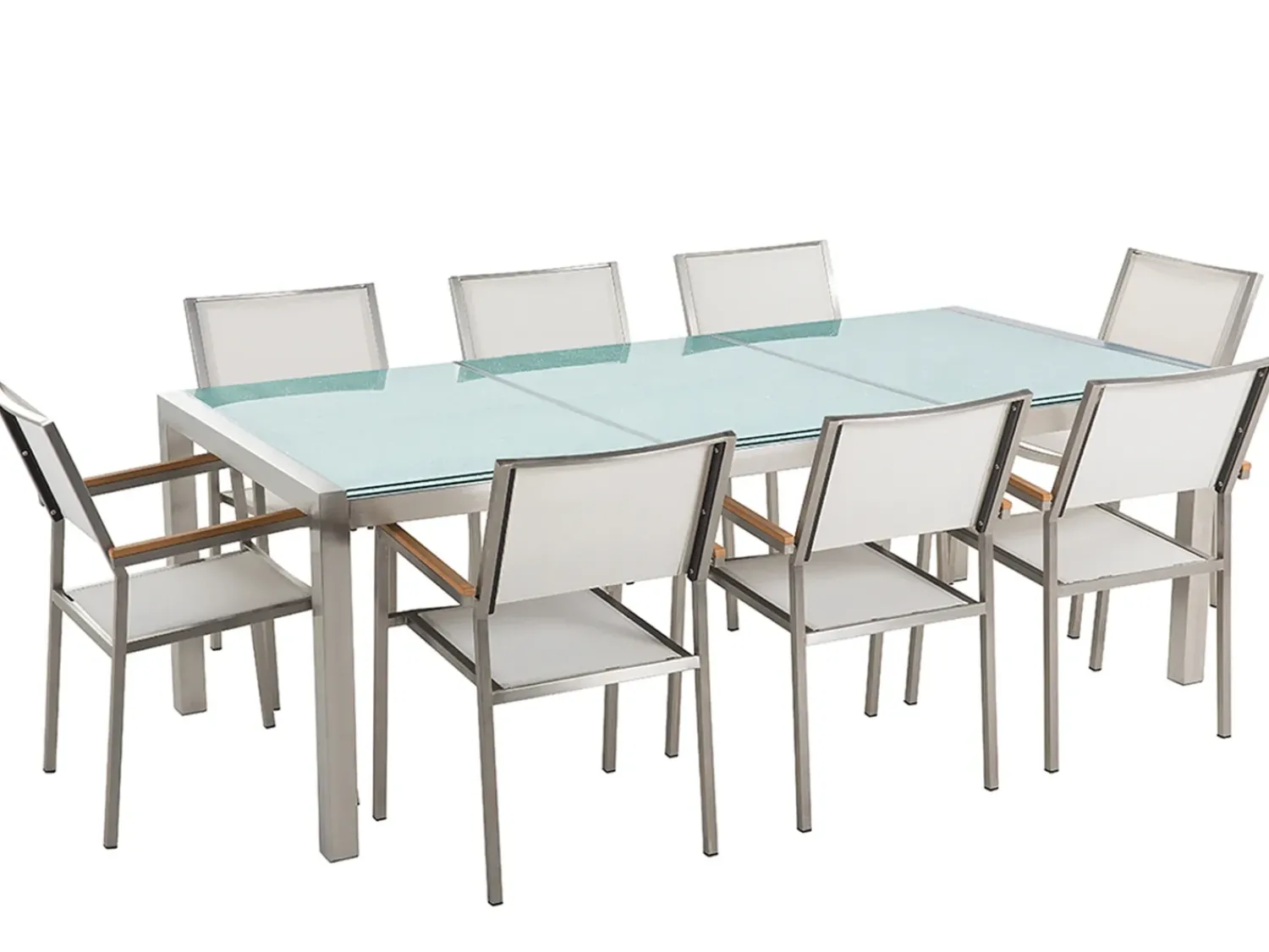 Discount Beliani Set da pranzo da giardino 8 posti GROSSETO Vetro incrinato Trasparente/Bianco Trasparente Argento Bianco