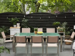 Discount Beliani Set da pranzo da giardino 8 posti GROSSETO Vetro incrinato Trasparente/Beige Trasparente Argento Beige