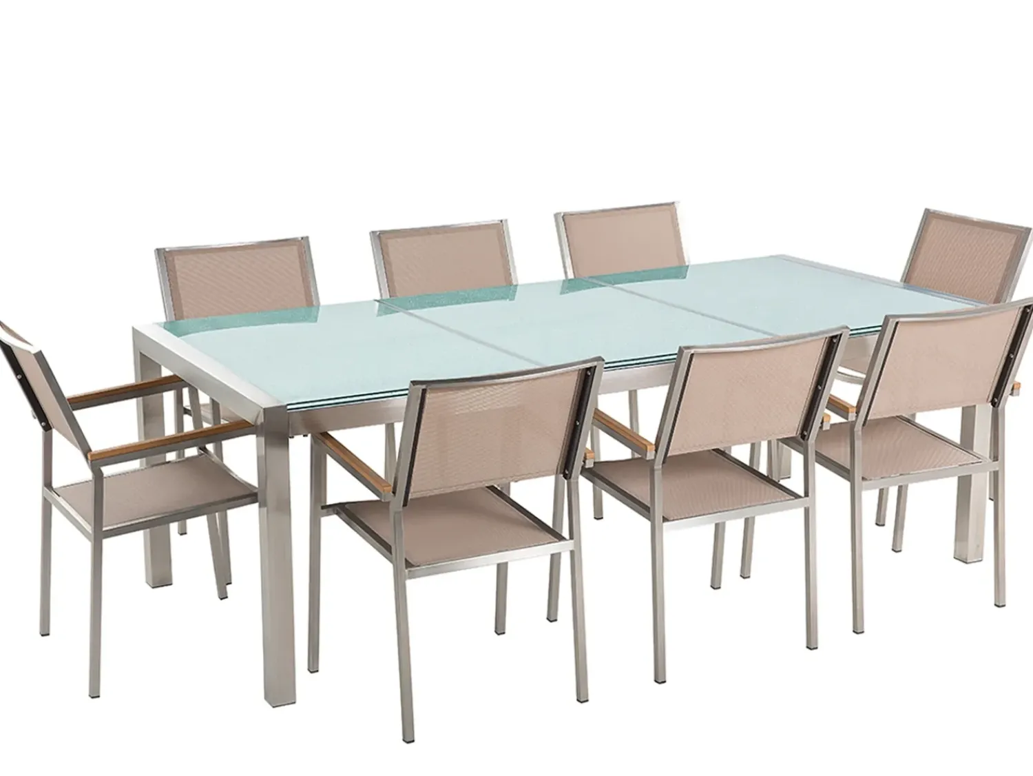 Discount Beliani Set da pranzo da giardino 8 posti GROSSETO Vetro incrinato Trasparente/Beige Trasparente Argento Beige