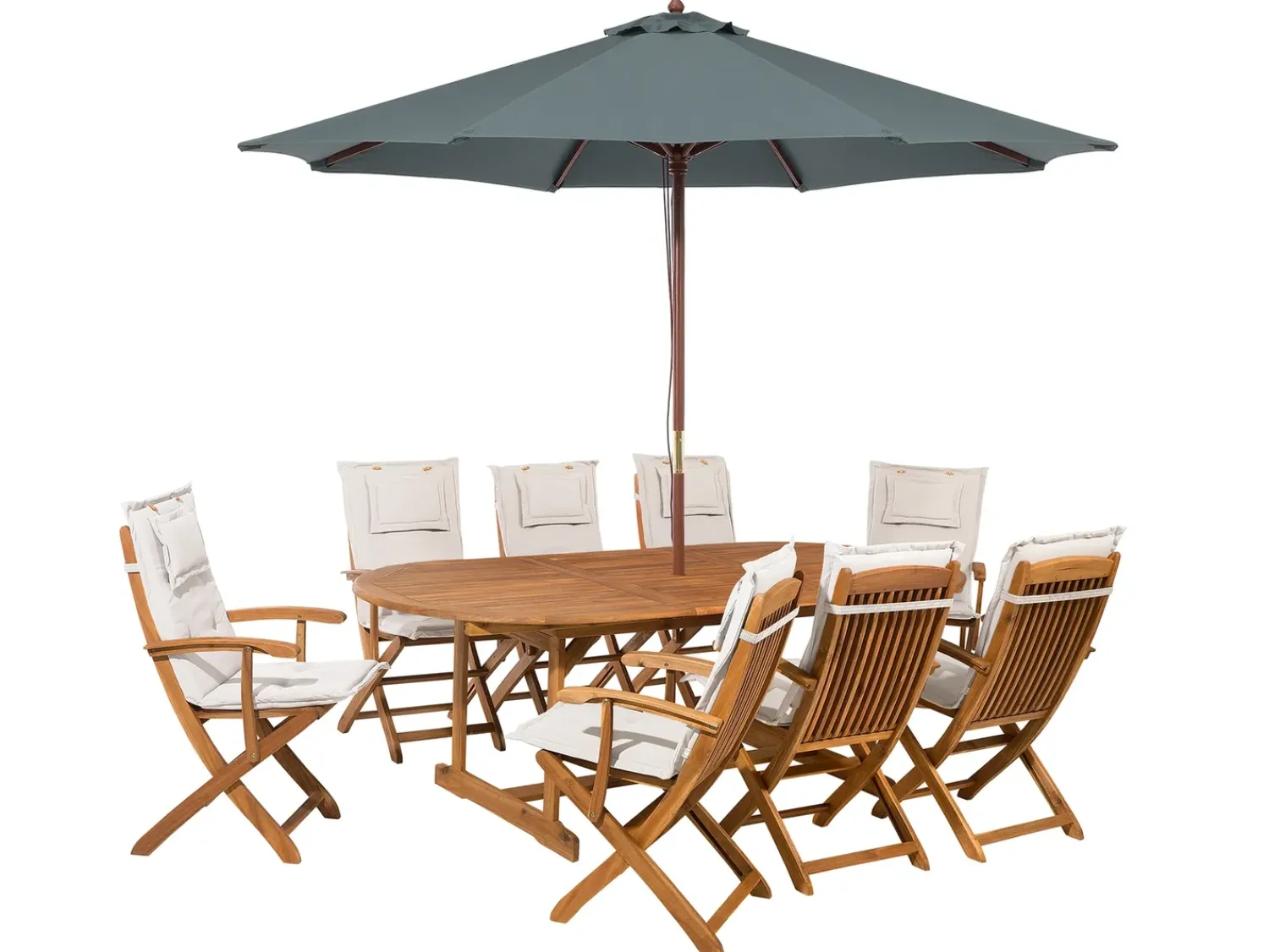 Clearance Beliani Set da pranzo da giardino 8 posti MAUI con Ombrellone Legno d'acacia Bianco sporco Bianco Marrone Grigio