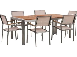 Clearance Beliani Set da pranzo da giardino 6 posti GROSSETO Legno d'eucalipto Marrone/Beige Beige Argento Marrone