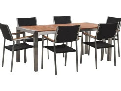Best Beliani Set da pranzo da giardino 6 posti GROSSETO Legno d'eucalipto Marrone/Nero Marrone Argento Nero