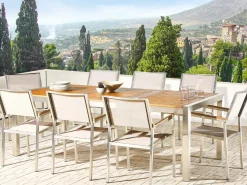 New Beliani Set da pranzo da giardino 8 posti GROSSETO Legno d'eucalipto Marrone/Beige Beige Argento Marrone