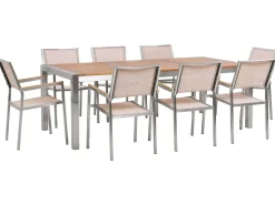 New Beliani Set da pranzo da giardino 8 posti GROSSETO Legno d'eucalipto Marrone/Beige Beige Argento Marrone