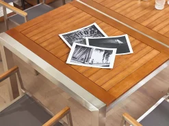New Beliani Set da pranzo da giardino 8 posti GROSSETO Legno d'eucalipto Marrone/Beige Beige Argento Marrone