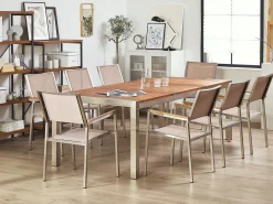 New Beliani Set da pranzo da giardino 8 posti GROSSETO Legno d'eucalipto Marrone/Beige Beige Argento Marrone