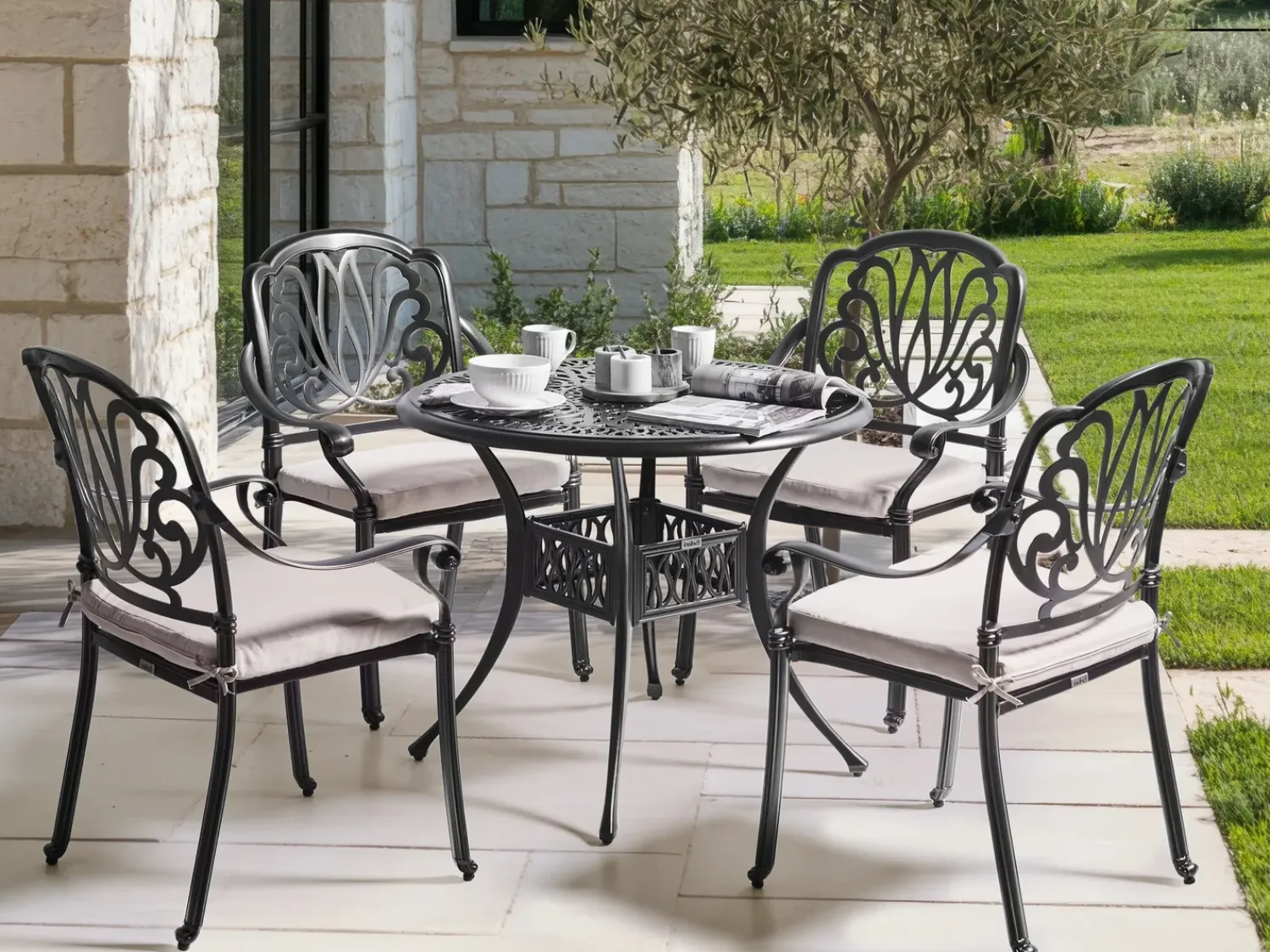New Beliani Set da pranzo da giardino 4 posti ANCONA con cuscini Metallo Nero Beige Nero
