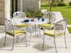 Outlet Beliani Set da pranzo da giardino 4 posti ANCONA con cuscini Metallo Bianco sporco Bianco Verde