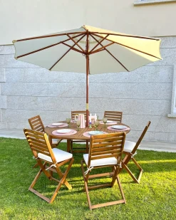 Hot Beliani Set da pranzo da giardino 6 posti TOLVE con Ombrellone (12 opzioni) Legno d'acacia Marrone Beige Marrone