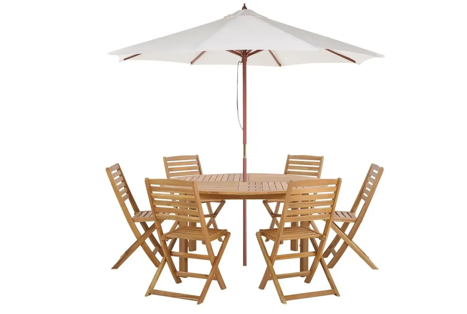 Hot Beliani Set da pranzo da giardino 6 posti TOLVE con Ombrellone (12 opzioni) Legno d'acacia Marrone Beige Marrone