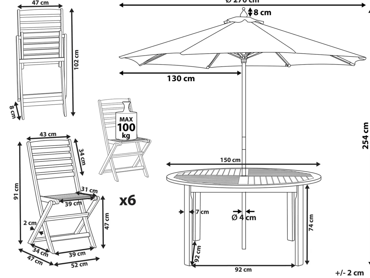 Hot Beliani Set da pranzo da giardino 6 posti TOLVE con Ombrellone (12 opzioni) Legno d'acacia Marrone Beige Marrone