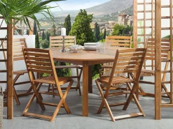 Hot Beliani Set da pranzo da giardino 6 posti TOLVE con Ombrellone (12 opzioni) Legno d'acacia Marrone Beige Marrone