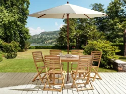 Hot Beliani Set da pranzo da giardino 6 posti TOLVE con Ombrellone (12 opzioni) Legno d'acacia Marrone Beige Marrone