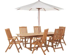Best Beliani Set da pranzo da giardino 6 posti JAVA con Ombrellone (12 opzioni) Legno d'acacia Marrone chiaro Beige Marrone