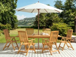 Best Beliani Set da pranzo da giardino 6 posti JAVA con Ombrellone (12 opzioni) Legno d'acacia Marrone chiaro Beige Marrone