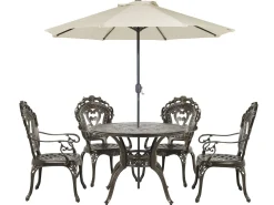 Outlet Beliani Set da pranzo da giardino 4 posti SAPRI con Ombrellone (16 opzioni) Metallo Marrone scuro Beige Verde Marrone