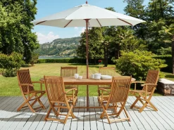 Hot Beliani Set da pranzo da giardino 6 posti MAUI con Ombrellone (12 opzioni) Legno d'acacia Marrone chiaro Beige Marrone