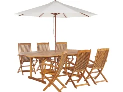 Hot Beliani Set da pranzo da giardino 6 posti MAUI con Ombrellone (12 opzioni) Legno d'acacia Marrone chiaro Beige Marrone