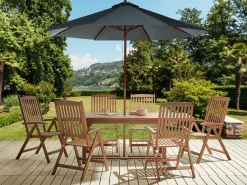 Outlet Beliani Set da pranzo da giardino 6 posti AMANTEA con Ombrellone Legno d'acacia Grigio Grigio Marrone