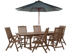 Outlet Beliani Set da pranzo da giardino 6 posti AMANTEA con Ombrellone Legno d'acacia Grigio Grigio Marrone