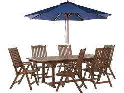Hot Beliani Set da pranzo da giardino 6 posti AMANTEA con Ombrellone Legno d'acacia Blu Blu Marrone