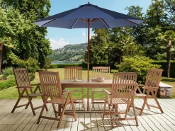 Hot Beliani Set da pranzo da giardino 6 posti AMANTEA con Ombrellone Legno d'acacia Blu Blu Marrone