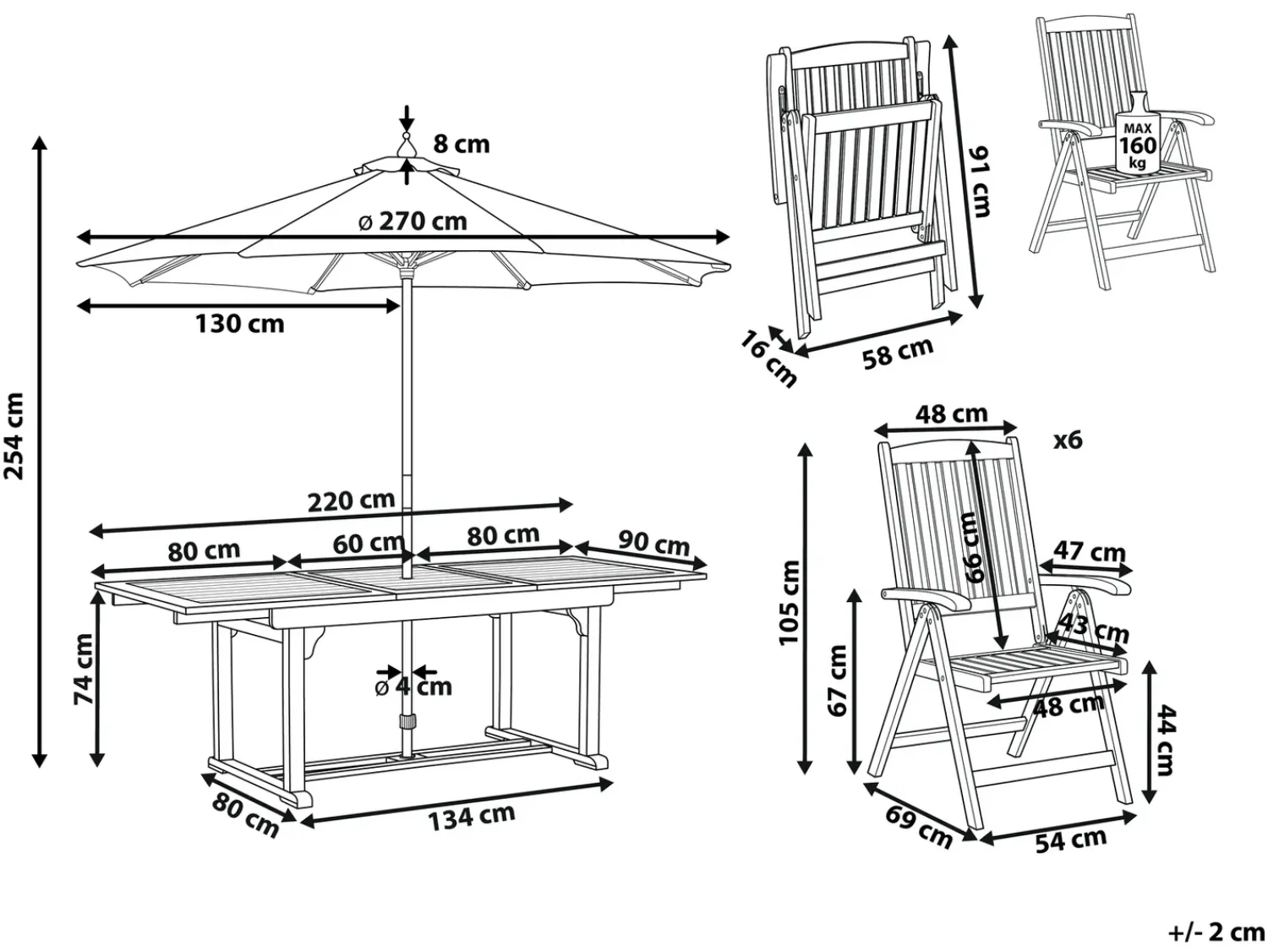 New Beliani Set da pranzo da giardino 6 posti AMANTEA con Ombrellone Legno d'acacia Rosso Marrone Rosso