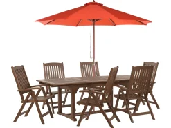 New Beliani Set da pranzo da giardino 6 posti AMANTEA con Ombrellone Legno d'acacia Rosso Marrone Rosso
