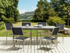 Hot Beliani Set da pranzo da giardino 6 posti COSOLETO/GROSSETO Vetro temperato Effetto granito Nero Argento Nero