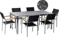 Hot Beliani Set da pranzo da giardino 6 posti COSOLETO/GROSSETO Vetro temperato Effetto granito Nero Argento Nero