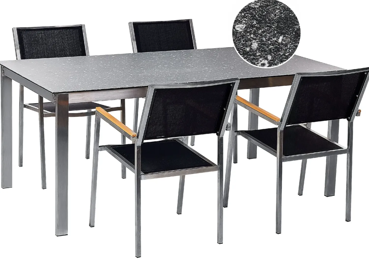 Outlet Beliani Set da pranzo da giardino 4 posti COSOLETO/GROSSETO Vetro temperato Effetto granito Nero Argento Nero