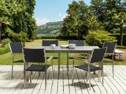 Hot Beliani Set da pranzo da giardino 6 posti COSOLETO/GROSSETO Vetro temperato Effetto granito Nero Argento Nero
