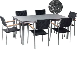Hot Beliani Set da pranzo da giardino 6 posti COSOLETO/GROSSETO Vetro temperato Effetto granito Nero Argento Nero