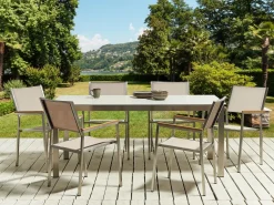 Discount Beliani Set da pranzo da giardino 6 posti COSOLETO/GROSSETO Vetro temperato Effetto marmo Bianco/Beige Argento Bianco Beige
