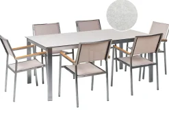 Discount Beliani Set da pranzo da giardino 6 posti COSOLETO/GROSSETO Vetro temperato Effetto marmo Bianco/Beige Argento Bianco Beige
