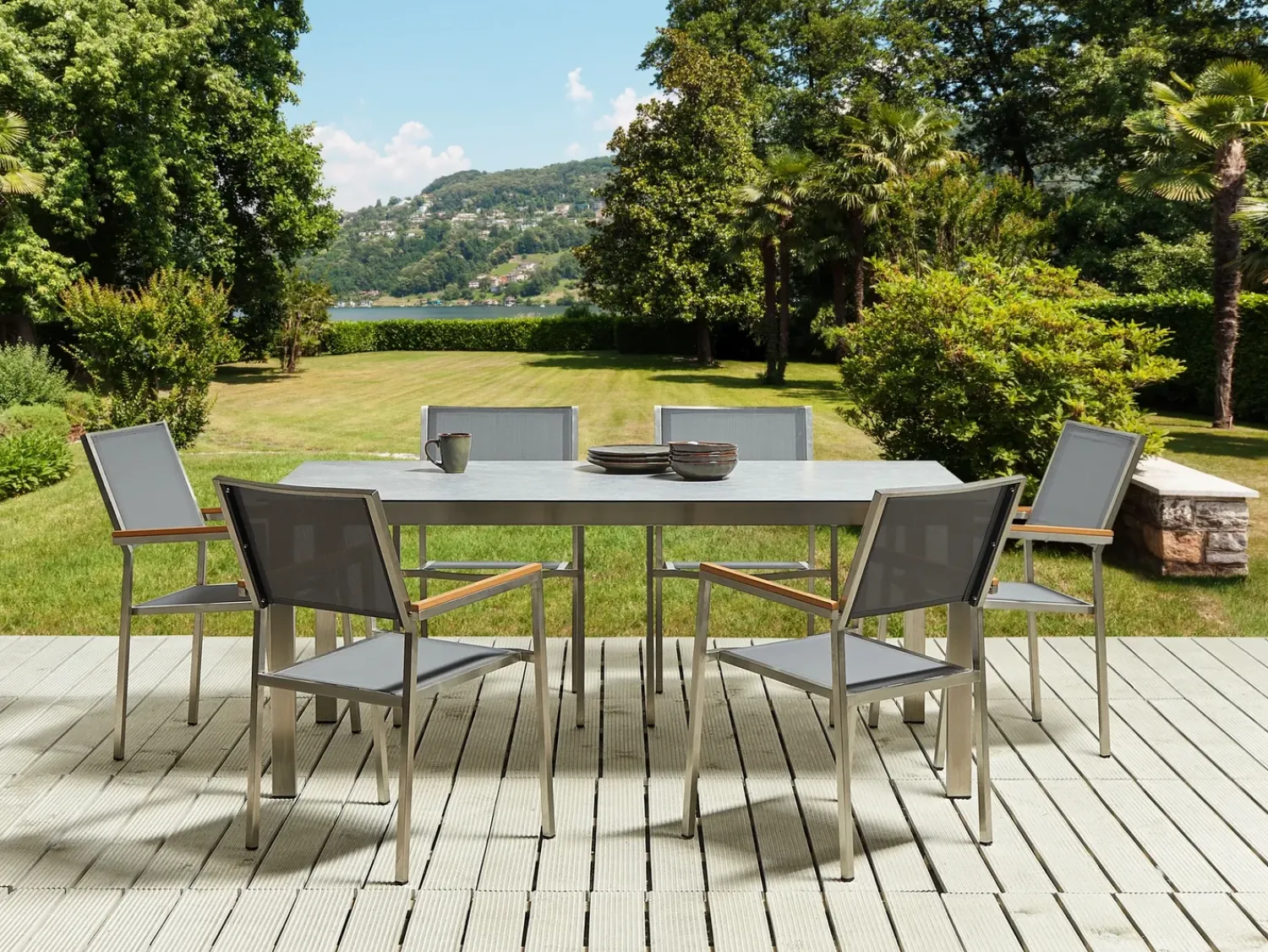 Best Beliani Set da pranzo da giardino 6 posti COSOLETO/GROSSETO Vetro temperato Effetto marmo Grigio Argento Grigio