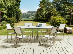 Discount Beliani Set da pranzo da giardino 6 posti COSOLETO/GROSSETO Vetro temperato Effetto marmo Marmo bianco Argento Bianco