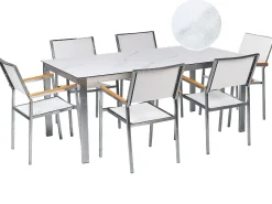Discount Beliani Set da pranzo da giardino 6 posti COSOLETO/GROSSETO Vetro temperato Effetto marmo Marmo bianco Argento Bianco