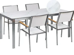 Sale Beliani Set da pranzo da giardino 4 posti COSOLETO/GROSSETO Vetro temperato Effetto marmo Marmo bianco Argento Bianco