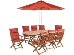 Best Beliani Set da pranzo da giardino 8 posti MAUI II con Ombrellone Legno d'acacia Rosso scuro Rosso Marrone