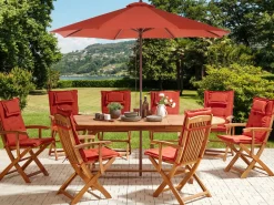 Best Beliani Set da pranzo da giardino 8 posti MAUI II con Ombrellone Legno d'acacia Rosso scuro Rosso Marrone