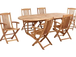 New Beliani Set da pranzo da giardino 6 posti MAUI II con Ombrellone (12 opzioni) Legno d'acacia Marrone chiaro Beige Marrone