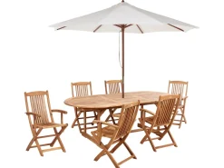 New Beliani Set da pranzo da giardino 6 posti MAUI II con Ombrellone (12 opzioni) Legno d'acacia Marrone chiaro Beige Marrone