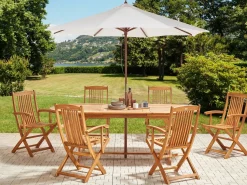 New Beliani Set da pranzo da giardino 6 posti MAUI II con Ombrellone (12 opzioni) Legno d'acacia Marrone chiaro Beige Marrone