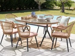 Beliani Set da pranzo da giardino 6 posti ALIANO con cuscini Rattan sintetico (PE) Rosa pastello Beige Naturale Nero Rosa