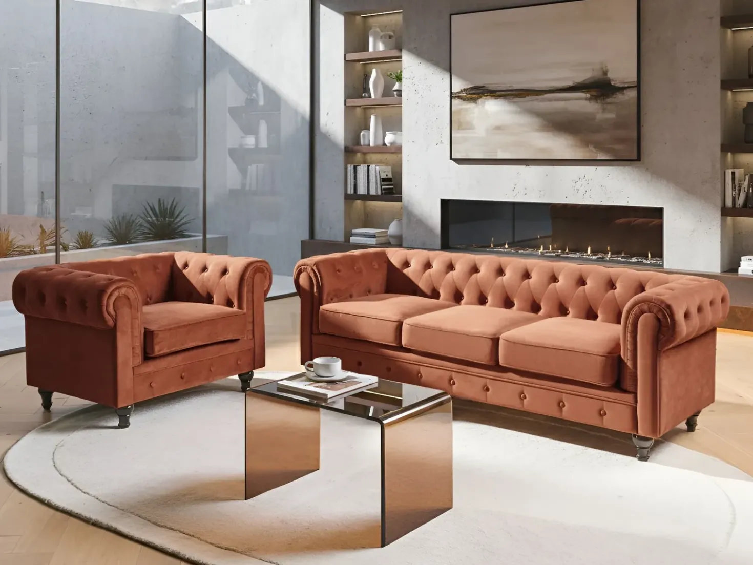 Set da salotto 4 posti CHESTERFIELD Velluto Marrone dorato